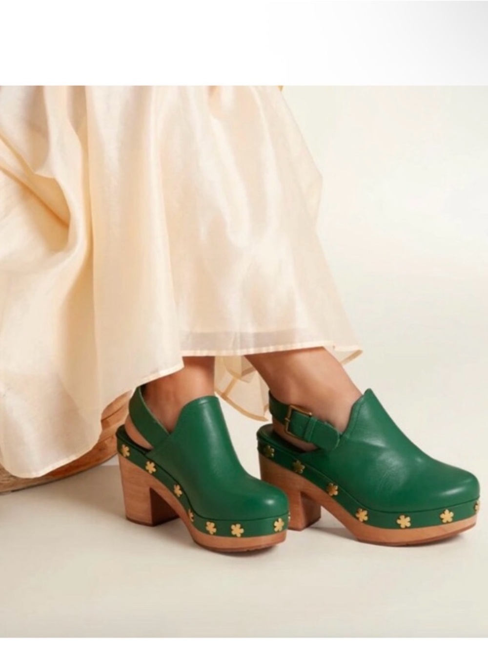 Charlotte Stone Hari In Juniper Flower Green Leather Wood Heeled Clog size 9